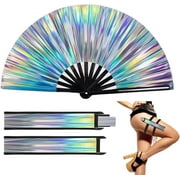 Boots On the Ground Fan, Large Holographic Folding Hand Fan Iridescent Clack Hand Fan Rave Fans Foldable Craft Holding Laser Colors Hand Fan for Line Dancing